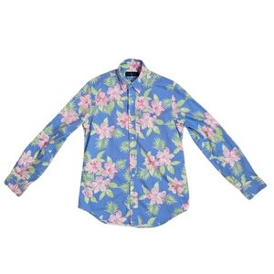 Ralph Lauren Blue Pink Hibiscus Hawaiian Cotton Long-sleeve Men's Button Shirt S